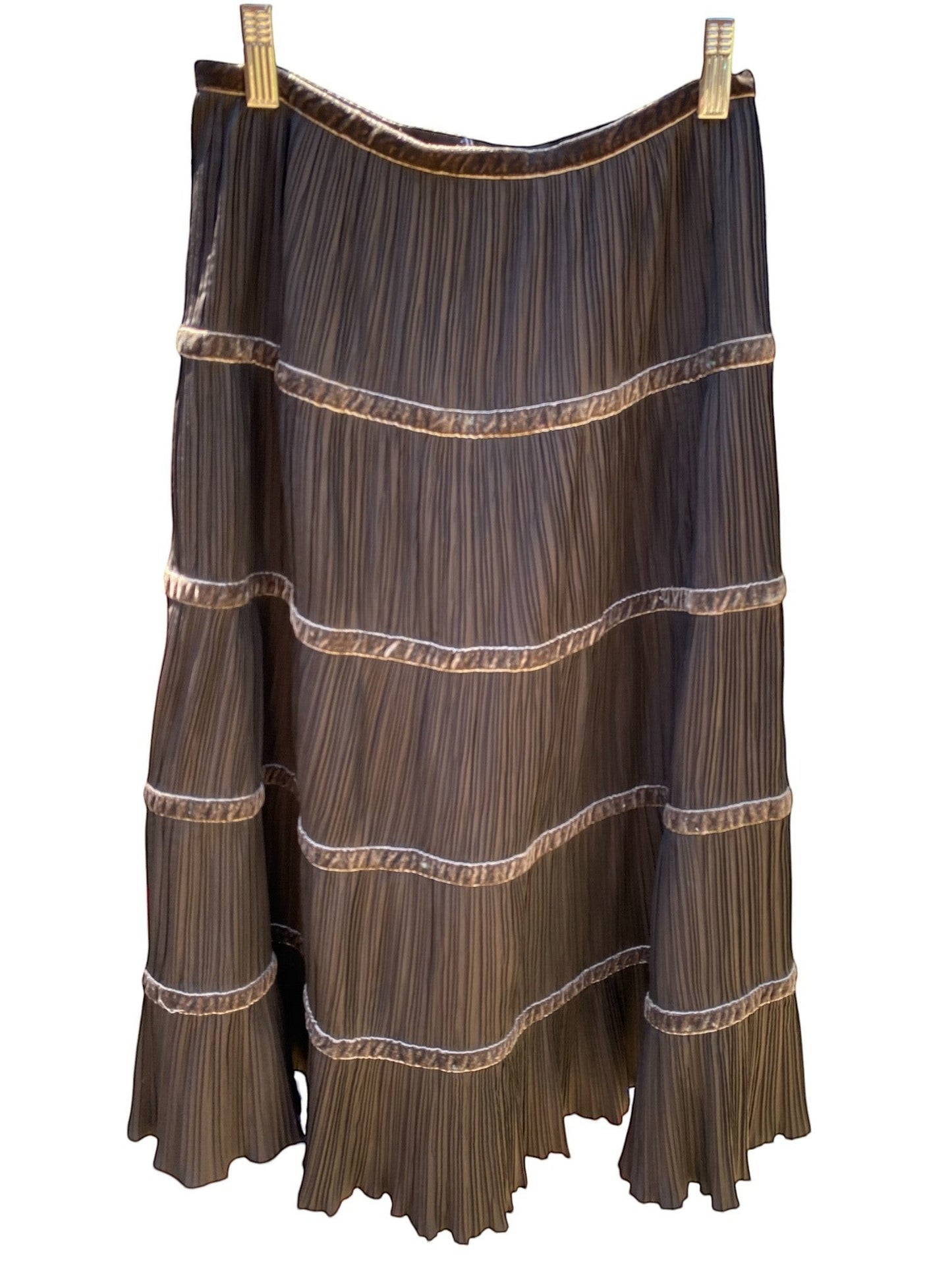 Max Mara tiered pleated midi skirt in dark brown with velvet trim