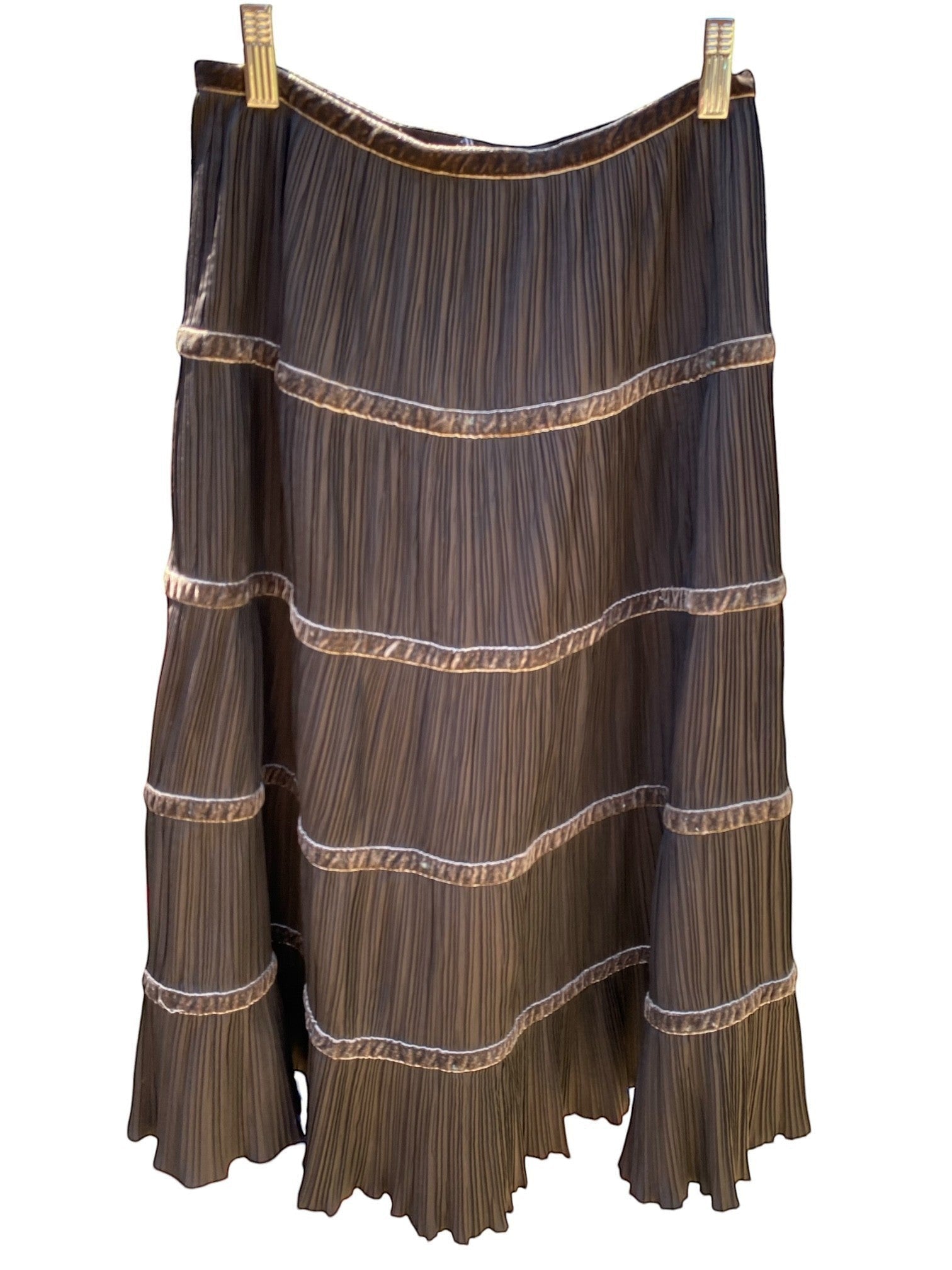 Max Mara tiered pleated midi skirt in dark brown with velvet trim