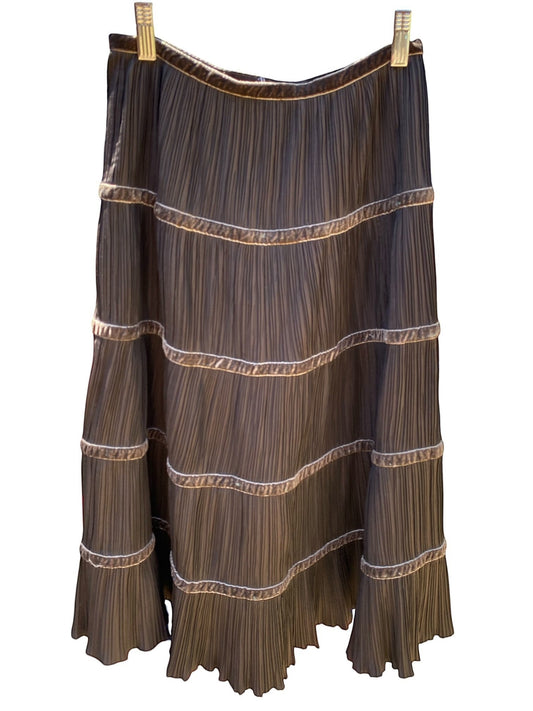 Max Mara tiered pleated midi skirt in dark brown with velvet trim