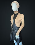Late 60s Pierre Cardin Cosmocorps Black Leather Skirt with Collar