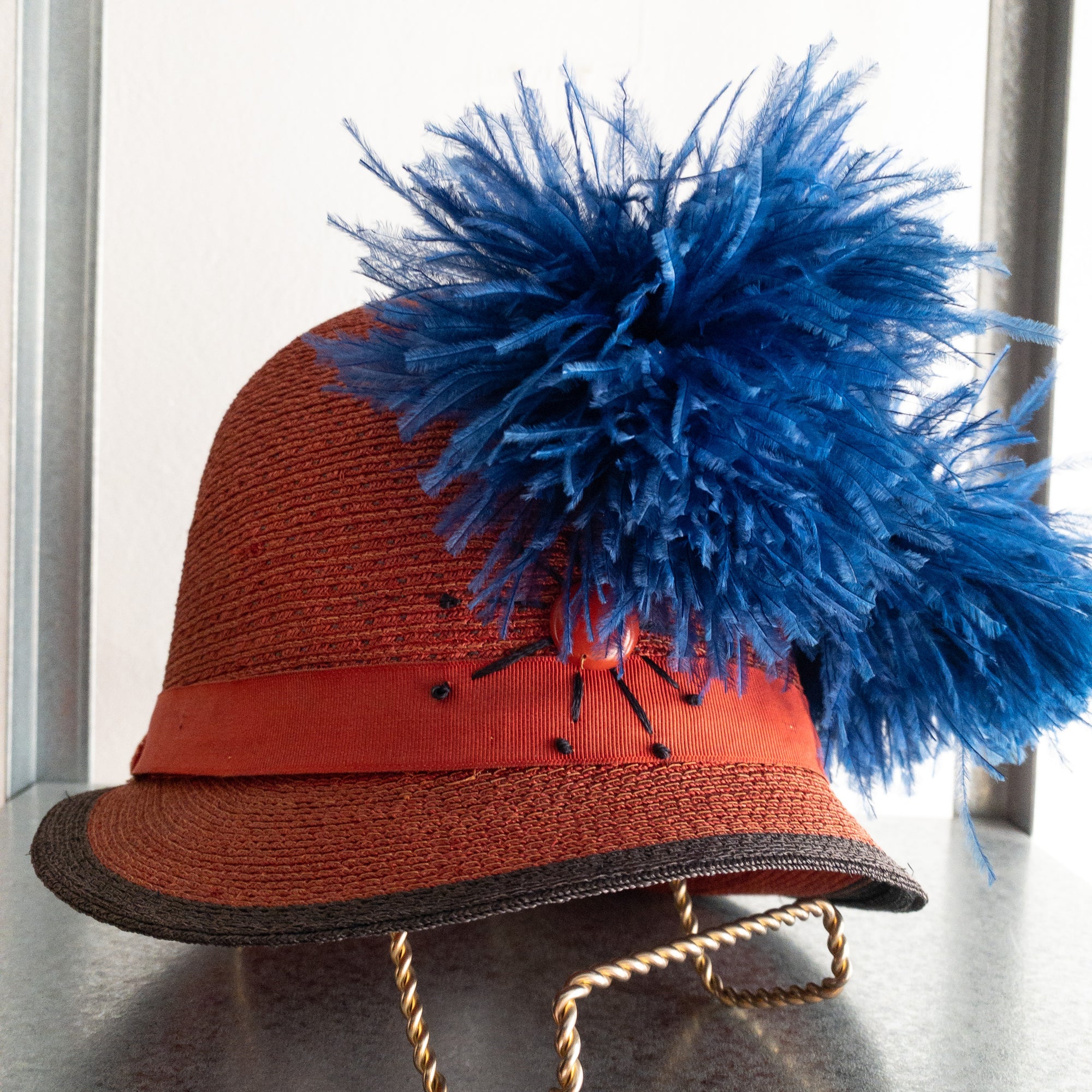 1920s Cinderella Hats New York Red Cloche Blue Feather Pom Poms