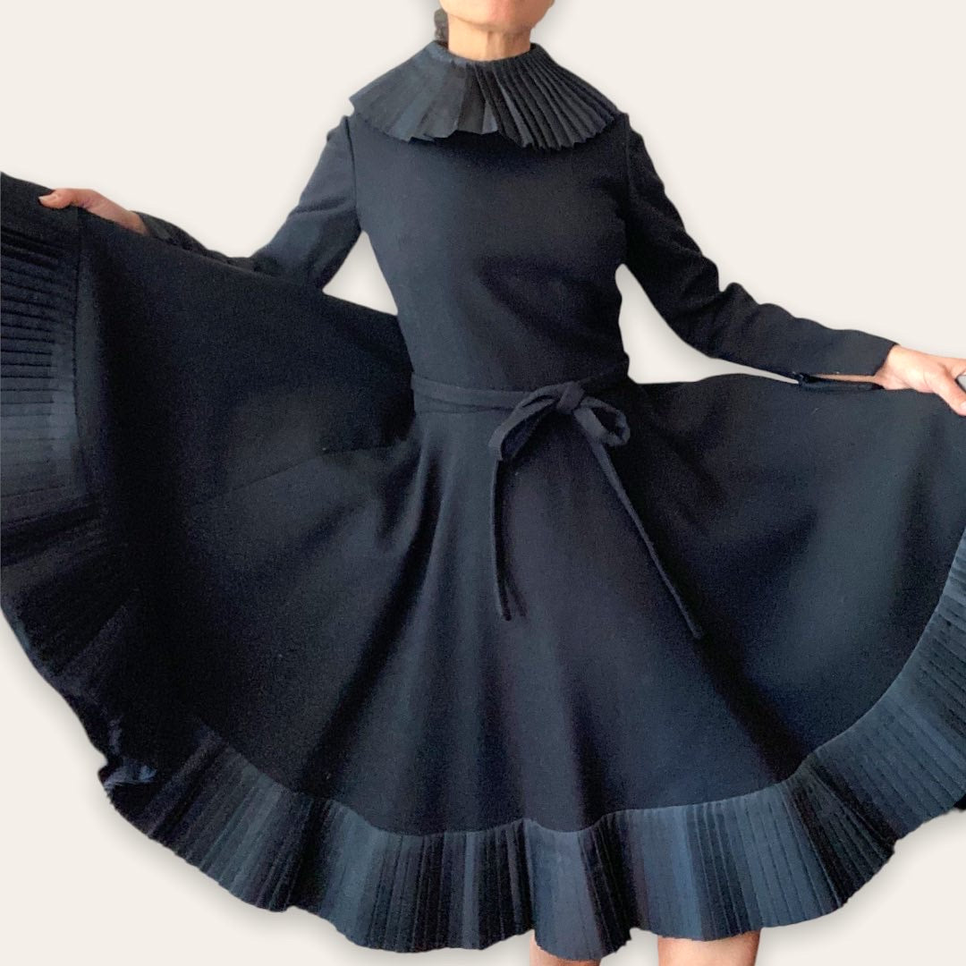 Archival 1960s Geoffrey Beene black cocktail dress — front view showing full silhouette and silk collar