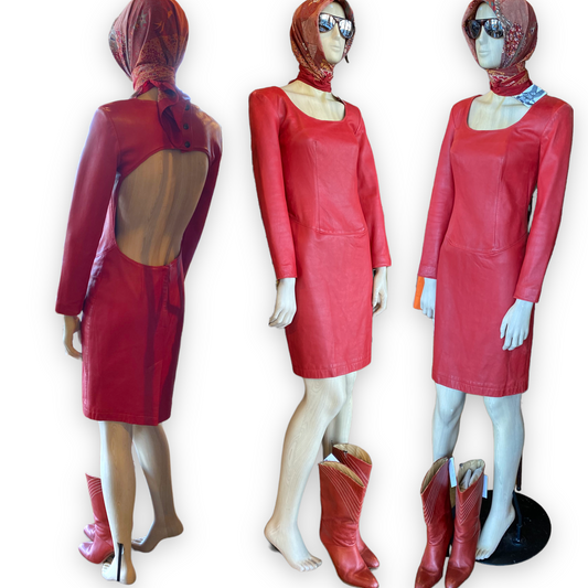 Red Leather Open Back Dress